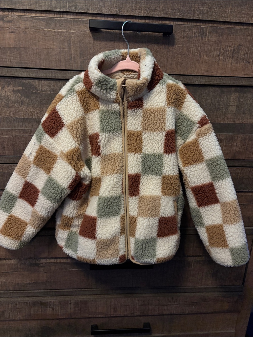 Kids Cozy Check Sherpa Puffer Jacket in Cream, Brown & Green - Unbranded